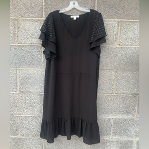 MICHAEL KORS Shift Dress Black Knee Length Womens 1X Pleated LBD Ruffle Sleeve*